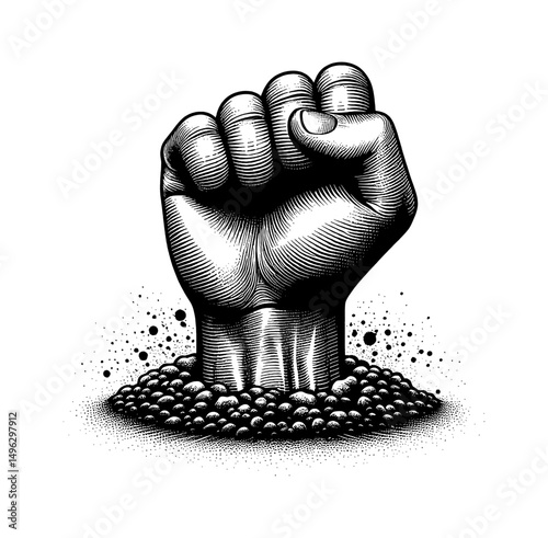 Engraved Illustration of a Powerful Fist Rising from a Pile of Rocks in Protest