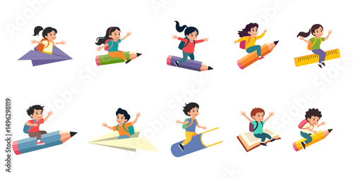Kids character with flying concept vector illustration set