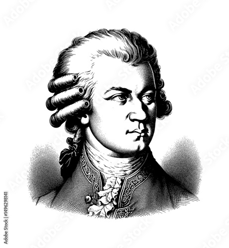 Portrait of Wolfgang Amadeus Mozart in Detailed Engraving Style Black and White
