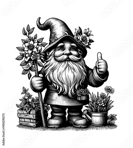 Happy Gnome with Flowers Giving a Thumbs Up in Detailed Black and White Line Art
