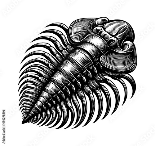 Detailed Engraving Illustration of a Trilobite Fossil in Black and White