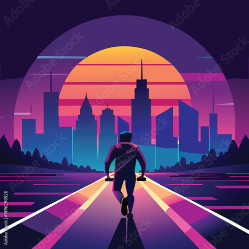 Retro Cityscape Man Running Towards Urban Sunset