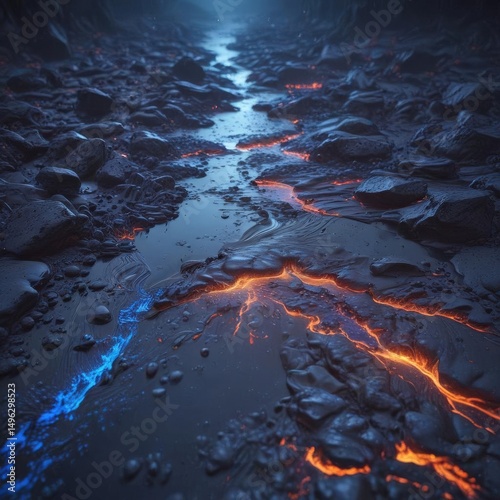 Abstract blue lava stone, flowing river texture  Deep cobalt hues, ethereal atmosphere  ,  matte,  lava,  blue