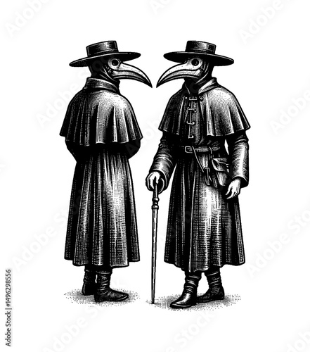 Two Plague Doctors Standing Side by Side in Detailed Black and White Engraving