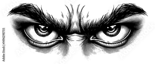 Intense Eyes in Detailed Engraving Style, Sharp Gaze and Brow Furrowed, Anger and Frustration, Monochrome
