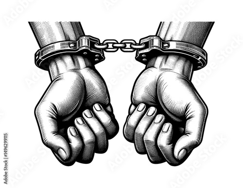 Hands in Handcuffs Illustration of Restricted Freedom or Crime in Black and White Engraving Style