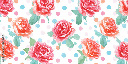 かわいい水彩バラとドットのナチュラルシームレスパターン｜水彩花、ローズデザイン、ガーリー、おしゃれ、フェミニン、植物模様、背景素材、包装紙、和洋兼用、布地デザインに最適