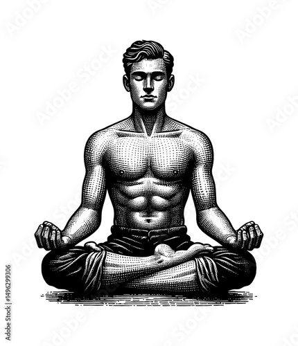 Man Meditating in Lotus Position Detailed Engraving Black and White Illustration Serene Expression