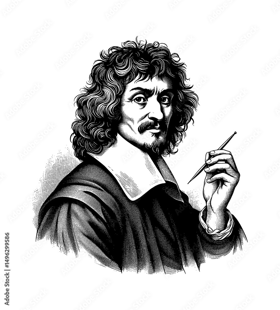 Obraz premium Engraved Portrait of Man with Curly Hair Holding Quill and Wearing Collared Shirt