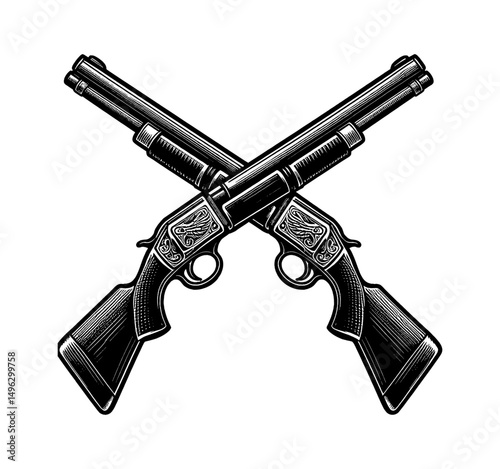 Crossed Shotguns Detailed Black and White Engraving Style Illustration for Symbol or Backgrounds