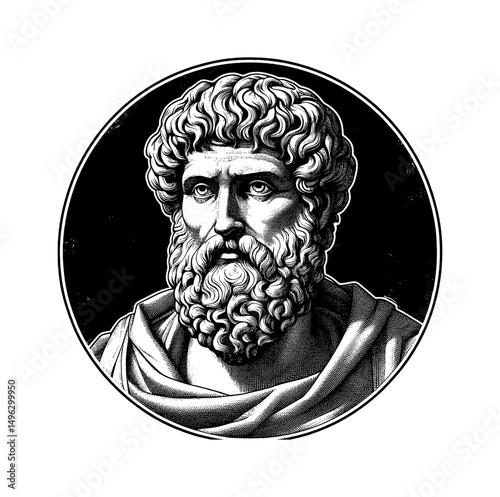 Detailed Engraving Portrait of Ancient Greek Philosopher with Beard in Black Circle Frame