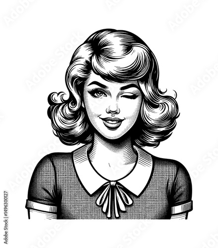Attractive Caucasian Woman Winking Eye with Smiling and Shoulder Portrait in Black and White Line Art