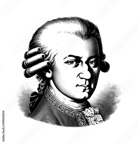 Engraved Portrait of Wolfgang Amadeus Mozart with Serious Expression in Black and White