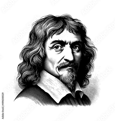 Portrait of Serious European Man with Beard and Long Hair in Detailed Engraving