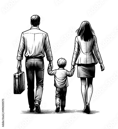 Family Walking Together Holding Hands from Behind in Black and White Detailed Outline Line Art