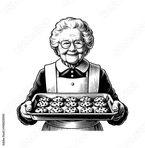 Smiling Elderly Woman Holding Tray of Chocolate Chip Cookies in Detailed Black and White Line Art