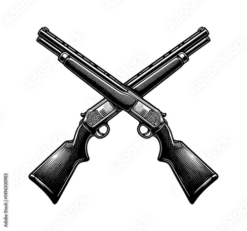 Crossed Shotguns Engraved Style Design, Representing Hunting, Sport Shooting, or Firearms Collection
