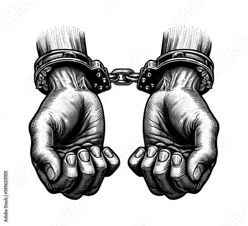 Hands Cuffed with Metal Chains, Engraving Style Black and White Isolated on White Background