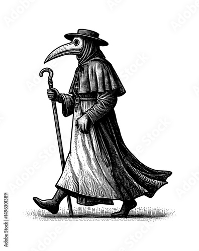 Plague Doctor Walking with Cane in Engraving Style Black and White Detailed Illustration