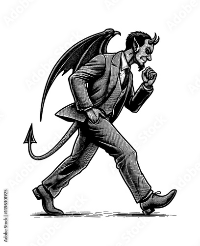 Evil Businessman with Wings Walking Confidently in Suit Black and White Engraving