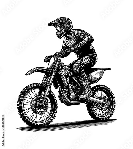 Detailed Black and White Line Art of Person Riding Motocross Motorcycle with Helmet