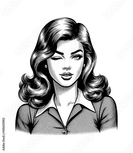 Portrait of a Winking Caucasian Woman with Wavy Hair in Black and White Engraving Style