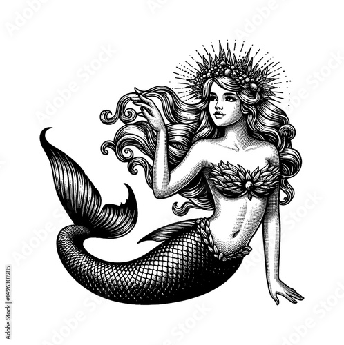 Beautiful Mermaid Sitting Down with Long Wavy Hair Wearing Crown with Hand Up in Black and White Engraving