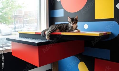 Gato repousando em estrutura geométrica colorida photo