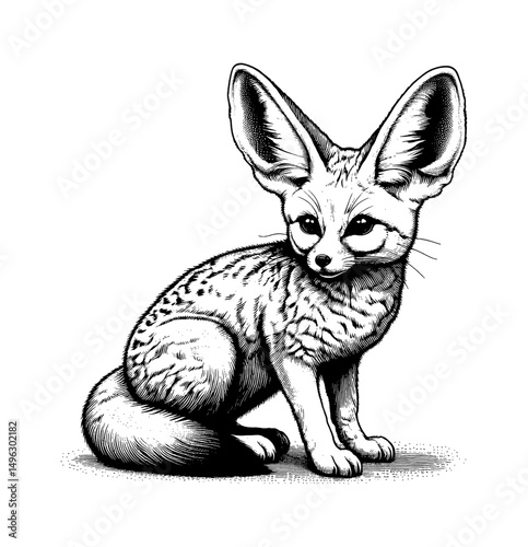 Fennec Fox Sitting Calmly with Detailed Fur Pattern in Black and White Engraving Style Art