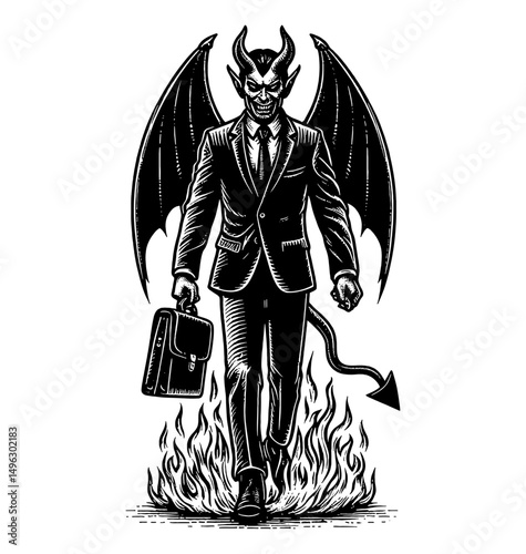 A devil businessman walking on fire while smirking and holding briefcase, monochrome art