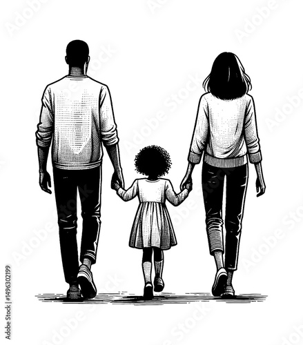 African American Family Walking Together Holding Hands in Black and White Illustration