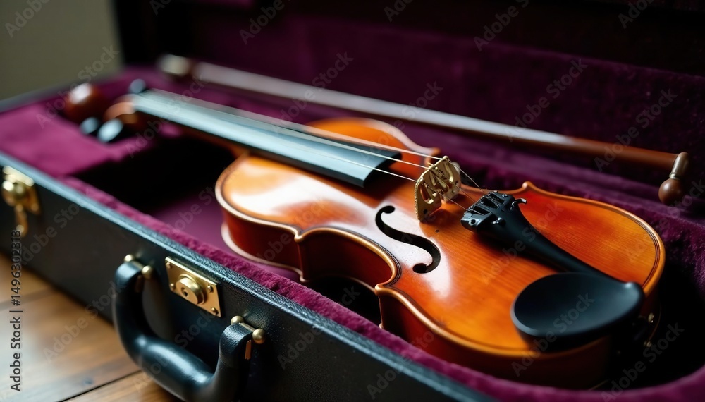 Fototapeta premium Violin resting on velvet case, elegant setting, shadow, luxury, orchestra