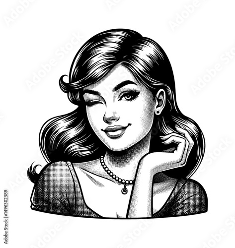 Portrait of Winking Woman with Hand Under Chin in Black and White Engraved Style