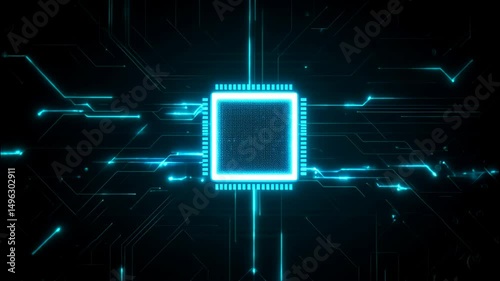 Glowing blue microchip for an ai computer processor, with light powering the central core, virtual technology motherboard abstract background