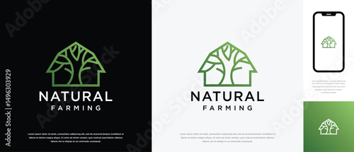 Nature tree farm house logo design. Nature leaf farm logo template. Farming and ranch logo symbol icon