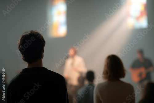 serene church interior during modern worship service where musicians play uplifting music and congregants engage in photo