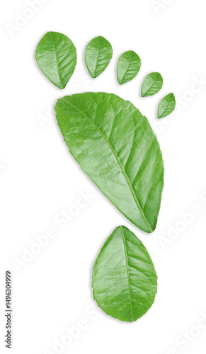 Human footprint made of green leaves on white background, top view. Environmental care, ecology protection, reducing CO2 emission
