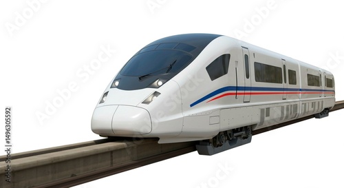 A modern white high speed train on a track isolated against white background