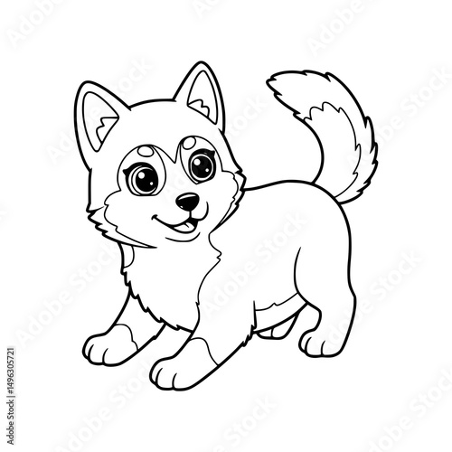 happy siberian husky cartoon, drawing, illustration, coloring for kids