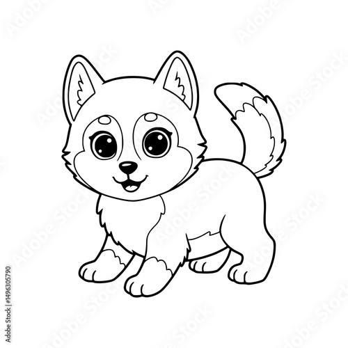 happy siberian husky cartoon, drawing, illustration, coloring for kids