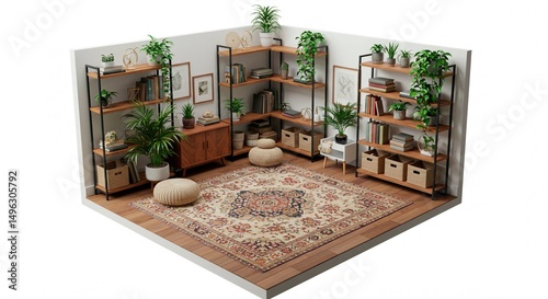 Interior view of a room with bookshelves plants and a patterned area rug