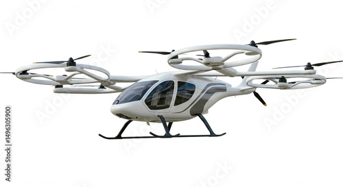 A futuristic white passenger drone with four rotors isolated on white background