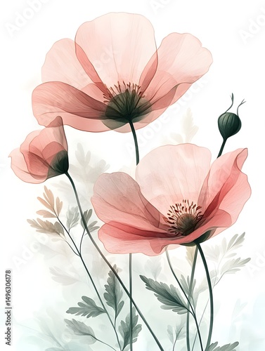 A delicate trio of blush pink poppies with translucent petals and soft green foliage creates a serene botanical illustration.