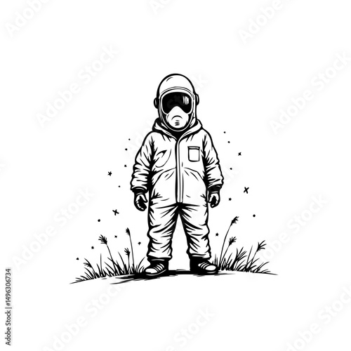A grayscale artistic rendering of a child in a protective suit standing outdoors