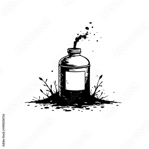 Surreal monochrome depiction of a spilling container with abstract embellishments