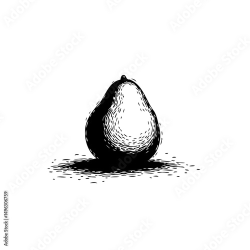 Monochrome botanical illustration showcasing a pear rendered in detailed stippling technique