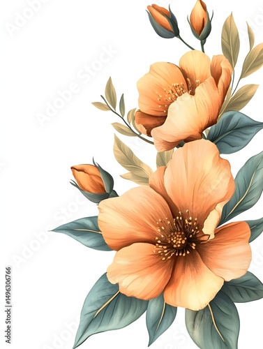 A delicate arrangement of peach-colored flowers and lush green leaves creates a beautiful floral composition perfect for design projects.