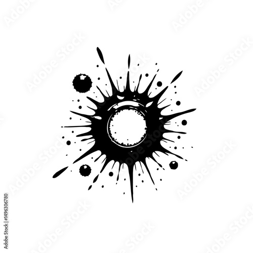 Dynamic Monochrome Ink Splash Design with Radial Splatter Effects Isolated