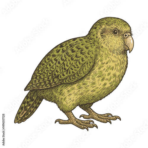 Kakapo Bird Standing – Realistic Vector of Rare Green Parrot from New Zealand