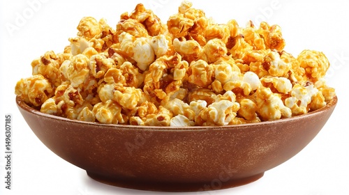 Delicious Caramel Popcorn in a White Bowl on Isolated Background